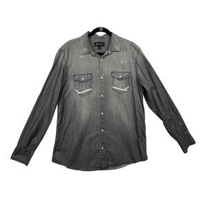 INC International Concepts Mens Sz Large Pearl Snap Shirt Distressed Black
